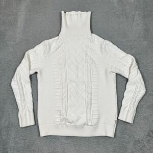 Guess White Cable Knit Turtleneck Sweater Chunky Knit Womens L Cozy Long Sleeve‎